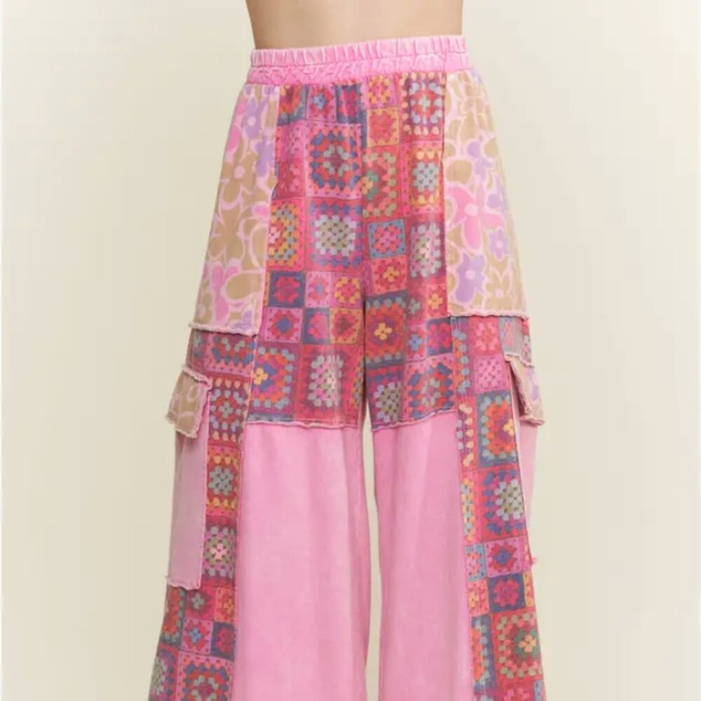 J.her Boutique Patchwork Pink Boho Wide leg High Rise Pants. NWOT. Size Large